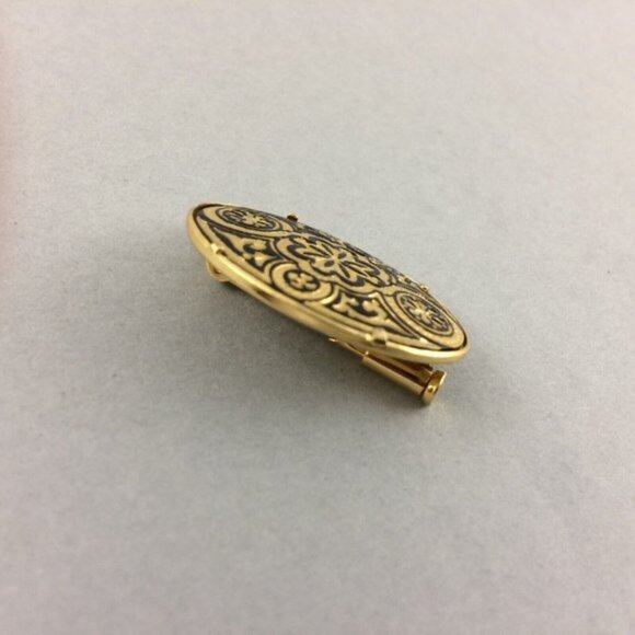 Vtg Toledoware Faux Damascene Oval Brooch Pin Arabesque Flower Goldtone Black - Picture 5 of 12